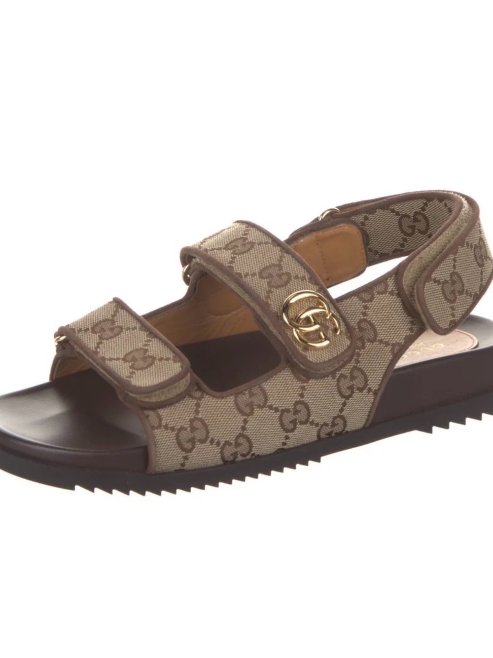 Gucci Brown GG Canvas Double-Strap Sandals with Gold Accent - Picture 3 of 4